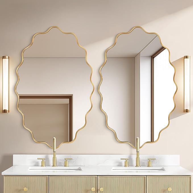 Oval Wavy Mirror - Irregular Wall Mirror 24"x36" Gold Asymmetrical Aviation Aluminum Alloy Frame for Bathroom, Bedroom, Living Room, Cloakroom, Entryway