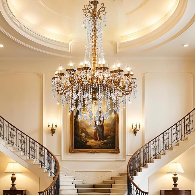 24-Light Antique Gold Crystal Chandelier, Extra Large Luxury Candle Chandelier Lighting Fixture for High Ceiling Foyer, Grand Entryway Living Room, Oversized D39 H64
