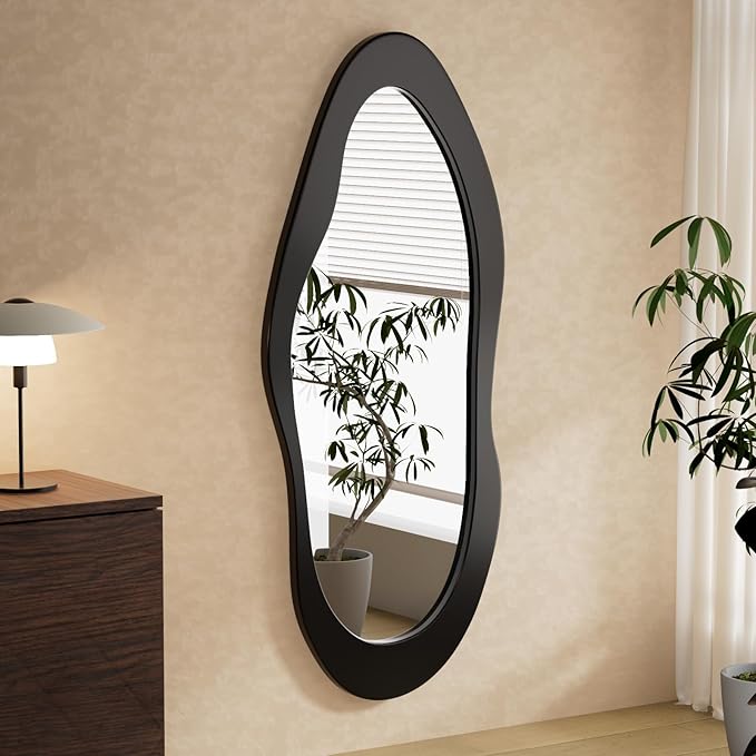 55" x 24" Irregular Wavy Full Length Mirror - Wall Mounted Wooden Framed Mirror for Bedroom/Living Room