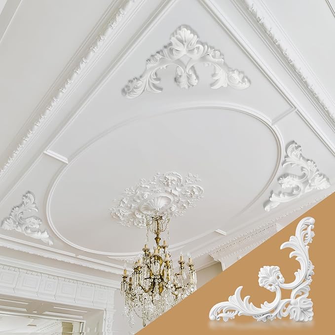 4 Pcs Ceiling Molding Kit Corners Murals Trim French Style Accent Wall Decor for Interior Medallion Ceiling with Flowers Pattern Decorative Panels for Wall (13.4 x 13.4 in,Classic)