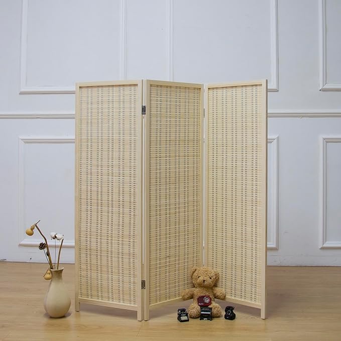 3 Panel Room Divider Short Folding Screen Divider,Double Sided Bamboo Divider Screen for Room Separation,Beige,47.2" H x 46.1" W