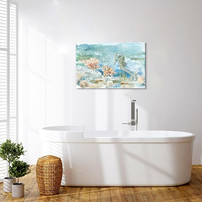 Ocean Wall Decor Seahorse Canvas Art Coastal Marine Sea Life Themed Painting Watercolor Seashell Nautical Picture Coral Artwork for Bathroom Bedroom 24x16Inch