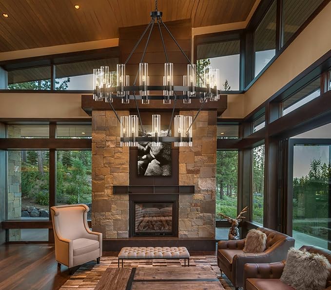 48" Black Chandelier, 2 Tier Wagon Wheel Chandelier with Glass Shade, 24-Lights Large Round Modern Farmhouse High Ceilings Pendant Lighting Fixture for Dining Room, Living Room, Kitchen, Foyer