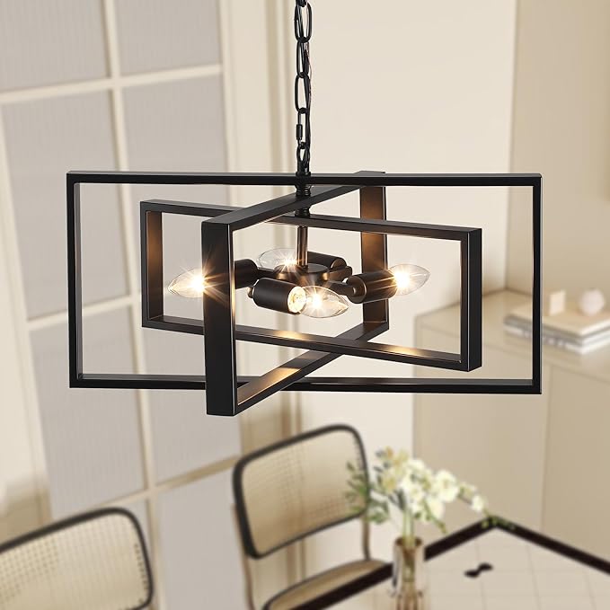 19.7'' Modern Chandelier 4-Light, Black Farmhouse Light Fixture Cross Chandeliers for Dining Room Living Kitchen Island Bedroom Living,Rectangular Metal Industrial Hanging Ceiling Lighting