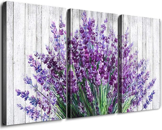 Lavender Wall Decor Purple Wall Art Rustic Farmhouse Flowers Canvas Prints Rural Floral Pictures for Bathroom Nature Botanical Paintings Artwork Dining Room Kitchen Home Decorations 16x24” 3 Pcs/Set