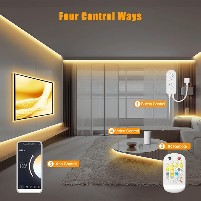 32.8ft Tunable White Smart COB Led Strip Light Kit, CCT 2700K-6500K Bright COB Led Tape Light Compatible with Alexa and Google, Dimmable Indoor COB Led Ribbon for Kitchen Cabinet, Room, TV