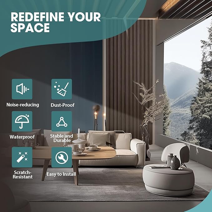 OUZUGIE WPC Acoustic Slat Wall Paneling, 8-Pack 114 x 6 Inches 3D Wall Panels for Interior Wall Decor,Living Room,TV Background,Study Room,Office Spaces,Bedroom,Low Grille (Walnut)