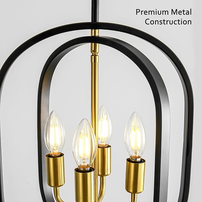 12.2'' Black and Gold Farmhouse Chandelier 4 Light Fixture for Dining Room, Kitchen Island & Entryway, Adjustable Industrial Rustic Geometric Hanging Chandelier for Living Room, Foyer, Hallway