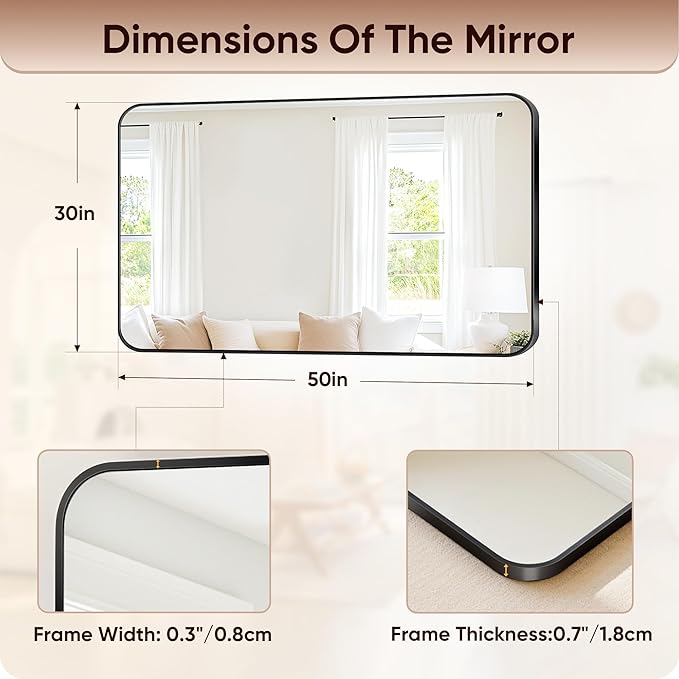 Antok Wall Mirror, 30"x50" Bathroom Vanity Mirror, Anti-Rust HD Tempered Glass, Wall Mounted Mirrors for Living Room, Entryway, Black Frame, Rect