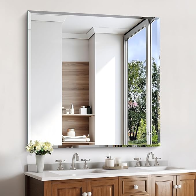 KOCUUY Beveled Mirror, 42x42 Inch Large Frameless Square Bathroom Mirror for Over Sink, Upgraded Shatterproof Beveled Unframed Design Mirror for Bathroom, Bedroom, Hang Horizontal/Vertical