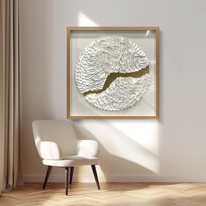 BrightA White Leather Wall Art Wall Sculpture Eclectic Decor Handcrafted Layered Texture with Wooden Shadow Frame Acrylic Protected Modern Abstract Decor for Living Room/Gallery 31.5"x31.5"