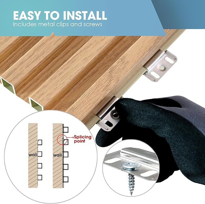 OUZUGIE WPC Acoustic Slat Wall Paneling, 8-Pack 114 x 6 Inches 3D Wall Panels for Interior Wall Decor,Living Room,TV Background,Study Room,Office Spaces,Bedroom,High Grille (Oak)