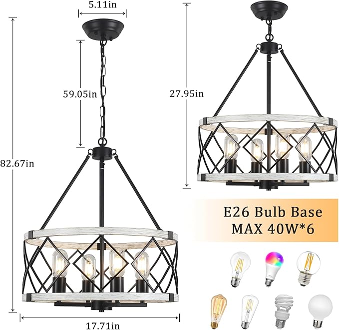 4-light Farmhouse Chandelier for Dining Room 17.7 inch Rustic Drum Chandeliers Adjustable Hanging Pendant Light Fixture for Kitchen Island Entryway Foyer Bedroom Living Room Hallway,Gray & Black,E26