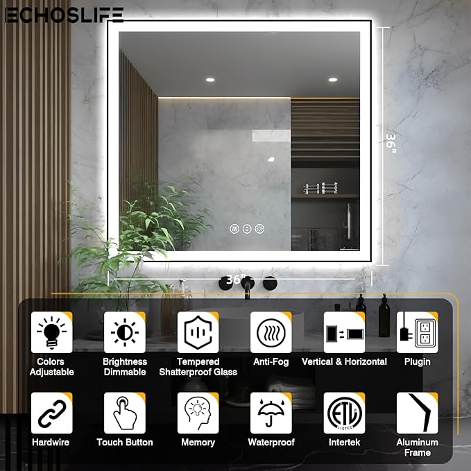 36x36 Square LED Bathroom Mirror - Black Aluminum Framed (Front and Backlit), Anti-Fog Vanity Mirror with Lights, Stepless Dimmable Lighted Mirror,3 Colors Smart Mirror(Horizontal/Vertical)