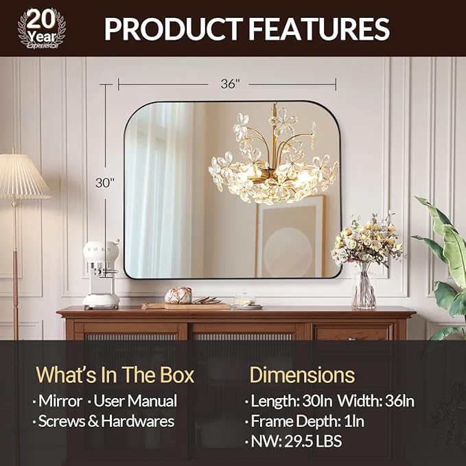 ANDY STAR Black Arched Mantel Large Wall Mirror 30x36, Matte Black Stainless Steel Frame, Arch Mirror with Soft Curved Corner for Bathroom, Entryway, Fireplace Mantel, Bedroom & Living Room Wall Decor