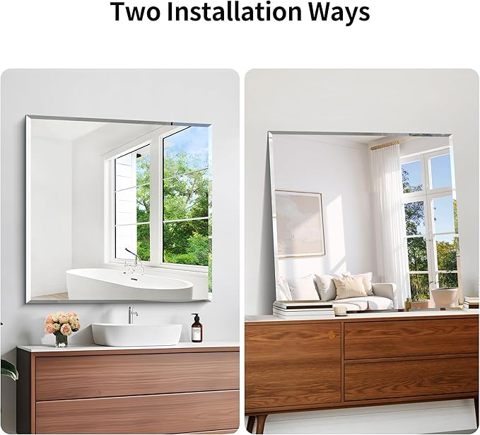 KOCUUY Beveled Mirror, 36x36 Inch Large Frameless Square Bathroom Mirror for Over Sink, Upgraded Shatterproof Beveled Unframed Design Mirror for Bathroom, Bedroom, Hang Horizontal/Vertical