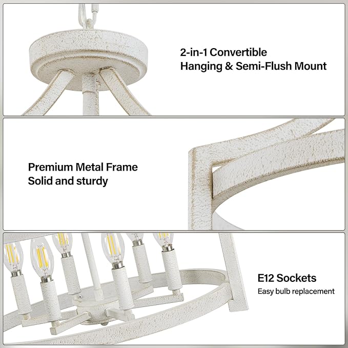 6-Light Farmhouse Chandelier, Distressed Hanging Pendant Lighting, Convertible Semi Flush Mount Ceiling Light Fixture Vintage White Metal Chandeliers for Dining Room Kitchen Foyer Entryway