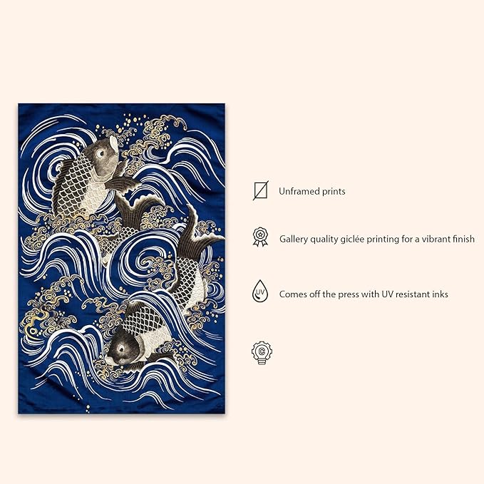 OZCONO Japanese Koi Fish Wall Art Print, Traditional Wave Pattern, Navy Blue and Gold, Unframed Gallery Quality (14L x 11W)