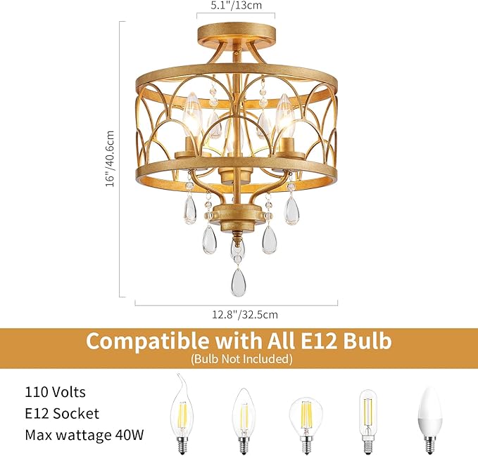 Crystal Ceiling Light Fixture, Modern Small Chandelier Light Fixture, Farmhouse Gold Semi Flush Mount Ceiling Light, Round Hallway Lighting Fixtures for Bedroom Entryway Closet Dining Room Living Room
