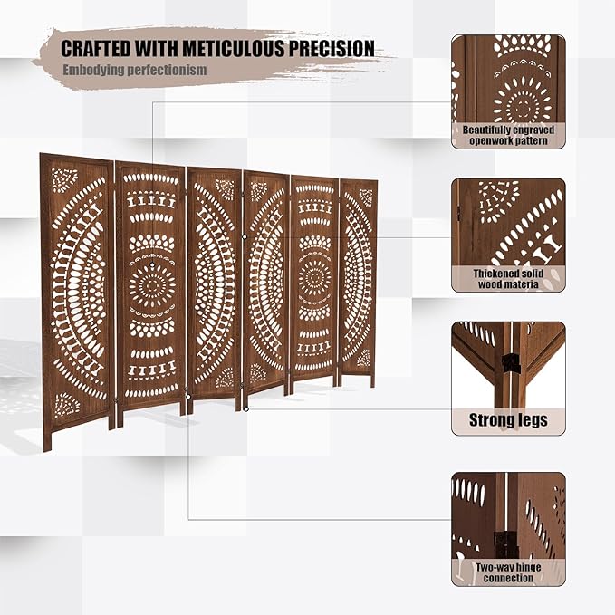 6 Panel Wood Room Divider Fully Assembled, Decorative Room Dividers and Folding Screens, 5.6Ft Room Divider Screen Freestanding Partition Wall Dividers for Home Bedroom Office, Dark Brown