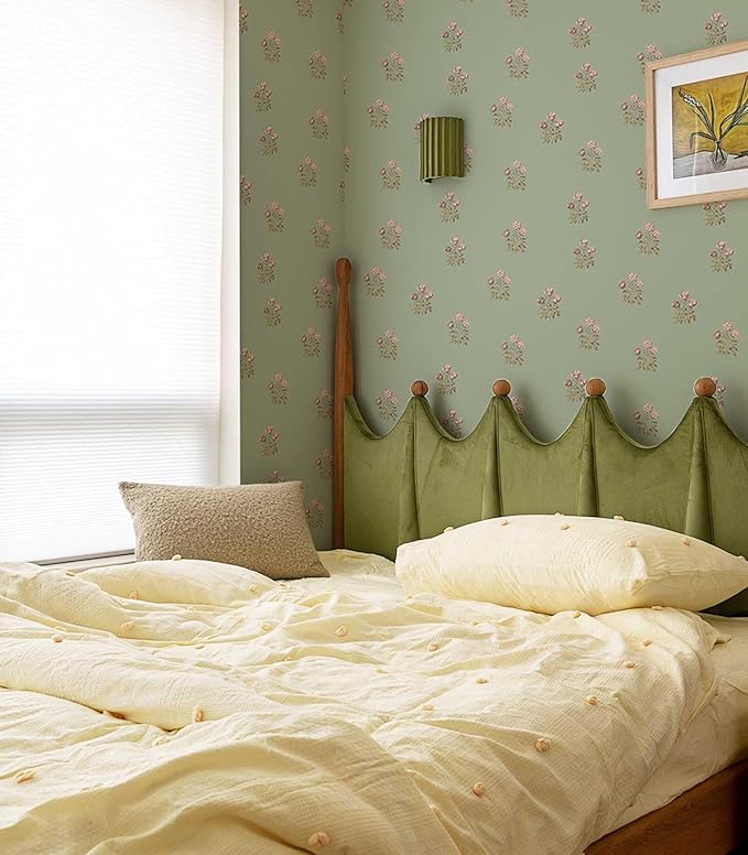 17.3'' x 393.7'' Floral Peel and Stick Wallpaper Green Floral Wall Paper Waterproof Contact Paper Removable Self Adhesive Wallpapers for Bedroom and Bathroom Wallpaper Cabinet Shelf