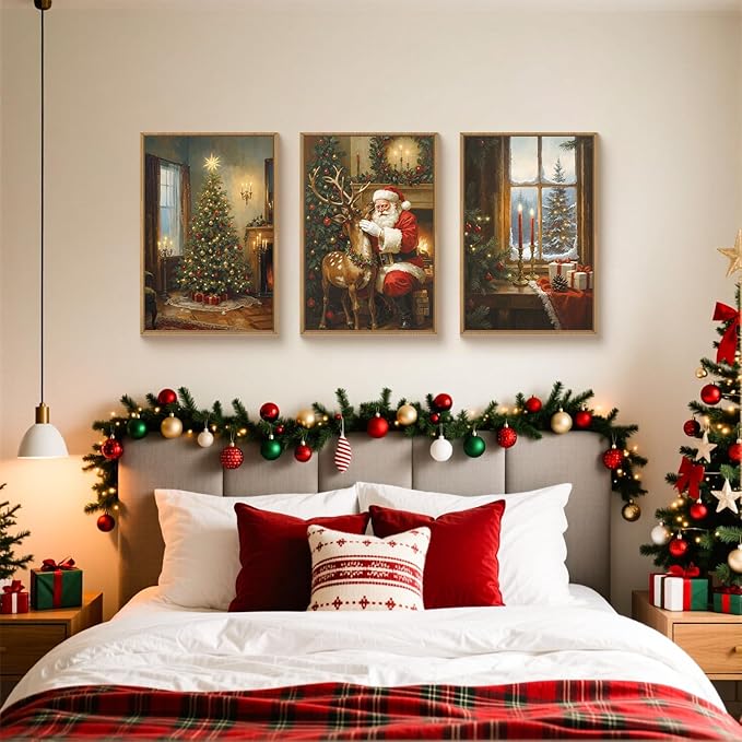 Ausril Vintage Christmas Wall Art Set of 3, Santa Reindeer Snowy Painting, Lit Tree Candle Window Artwork for Living Room, Bedroom, Fireplace, Xmas Gifts for Home Decoration 16×24 inch
