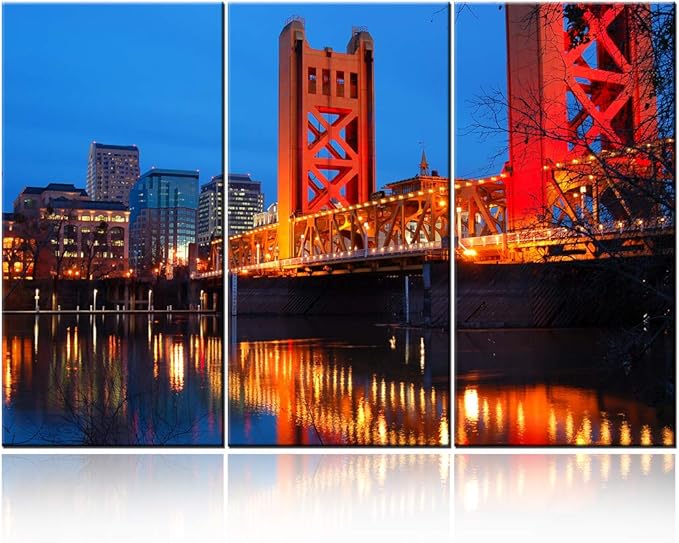 3 Piece Canvas Wall Art - The Tower Bridge Crosses the Sacramento River in the Heart of Downtown Sacramento, California - Modern Home Decor Stretched and Framed Ready to Hang - 40‘’x20‘’x3 panels
