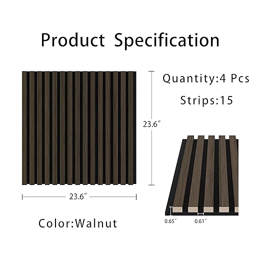 Casaphoria Acoustic Wall Panels, 4 PCS 23.6"x23.6", 3D Soundproof Wall Panels, Wood Slat Wall Panels for Home Office & Accent Walls, Walnut