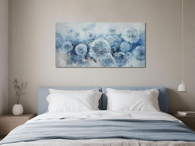 Arjun Wall Ar for Living Room, Dandelion Painting Flower Indigo Floral Canvas Art Wall Decor, Blue and White Textured Bedroom Artwork Framed for Home Office 40"x20"