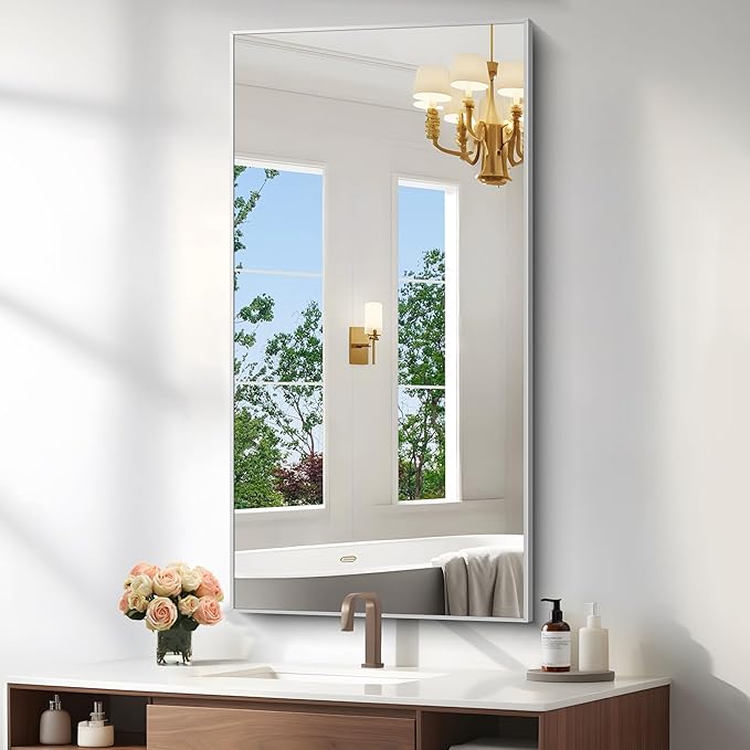 KOCUUY Silver Bathroom Mirror, 48"x24" Rectangle Bathroom Mirror for Wall, HD Tempered Glass, Anti-Rust Brushed Silver Frame, Modern Design for Bathroom, Bedroom, Living Room, Entryway.