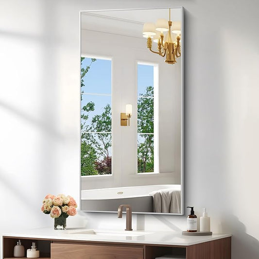 KOCUUY Silver Bathroom Mirror, 48"x24" Rectangle Bathroom Mirror for Wall, HD Tempered Glass, Anti-Rust Brushed Silver Frame, Modern Design for Bathroom, Bedroom, Living Room, Entryway.