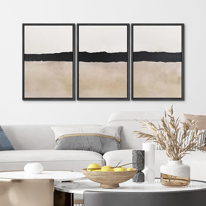 MUDECOR Framed Wall Art Print Set Minimalist Abstract Black Horizontal Brushstroke Illustrations Modern Art Boho Decorative Colorful Chic for Living Room, Bedroom, Office - 24"x36"x3 Black