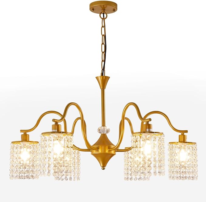 30" Gold Chandelier, 6-Light Dining Room Light Fixture, Modern Kitchen Island Light Fixtures, Farmhouse Foyer Lighting Fixtures, Hanging Crystal Chandeliers for Living Room, Bedroom, Foyer, Entryway