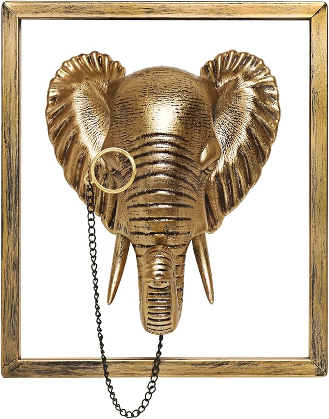 Newinhome Animal Heads Wall Decoration (Gift Metal Frame) Resin Animals Sculptures Head Wall Hanging Decor Gold vintage Wall Sculpture for Living Room Bedroom Office(Elephant)
