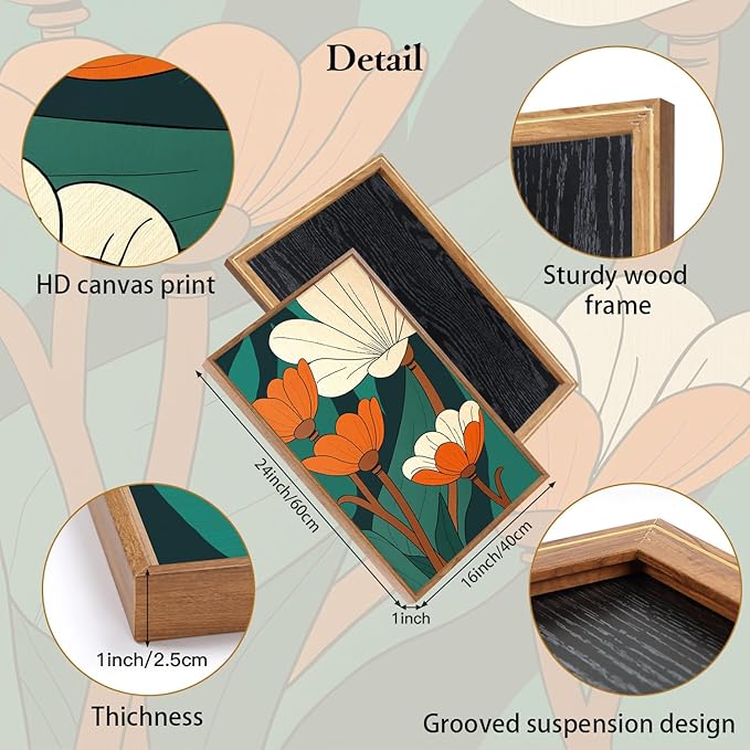 CHDITB Modern Floral Framed Canvas Wall Art Set, Nature Flowers Wall Decor, Abstract Orange Flower Artwork, Wildflowers Picture, Vintage Green Art Prints for Living Room, Bedroom, Office 16"x24"x3