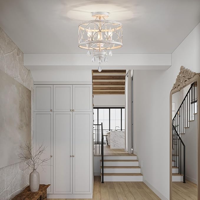 Crystal Ceiling Light Fixture, Modern Small Chandelier Light Fixture, Farmhouse White Semi Flush Mount Ceiling Light, Round Hallway Lighting Fixtures for Bedroom Entryway Dining Room Living Room