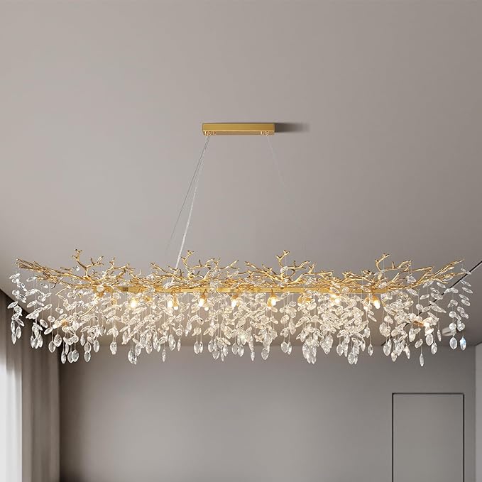 71" Modern Crystal Chandelier, 20-Light Gold Tree Branch Chandelier, Luxury Rectangular K9 Crystal Raindrop Chandeliers for Dining Room, Kitchen Island, Living Room, Contemporary Pendant Light Fixture