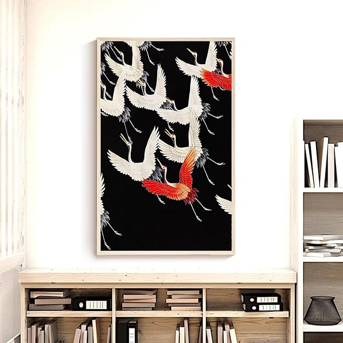 OZCONO Japanese Flying Cranes Wall Art Print, Black and Red Traditional Art, Unframed Gallery Quality Giclée Print (30L x 20W)