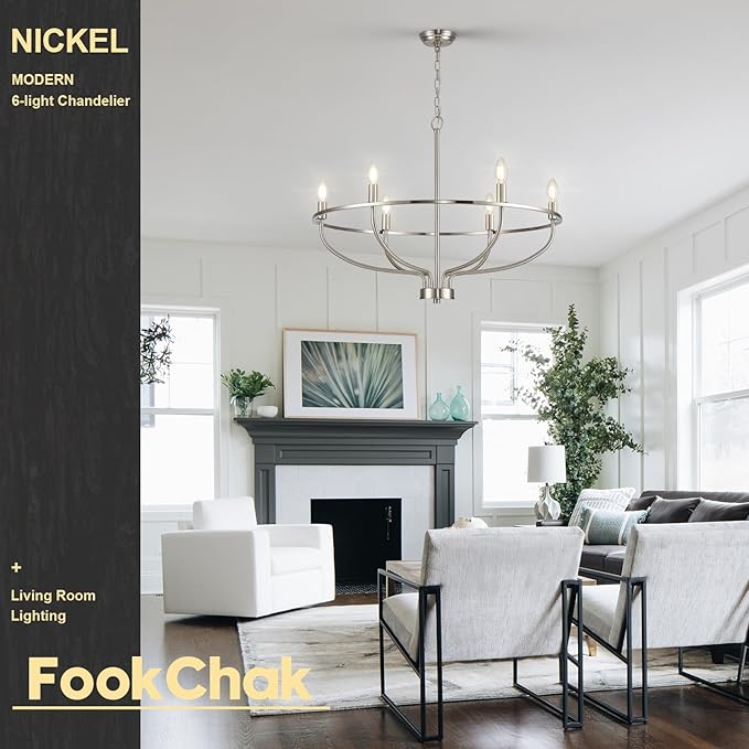 Brushed Nickel Chandelier, 6-Light Dining Room Chandelier Chrome Light Fixture Metal Candle Kitchen Chandeliers 28inch Round Chandeliers with Long Chain for Bedroom Living Room