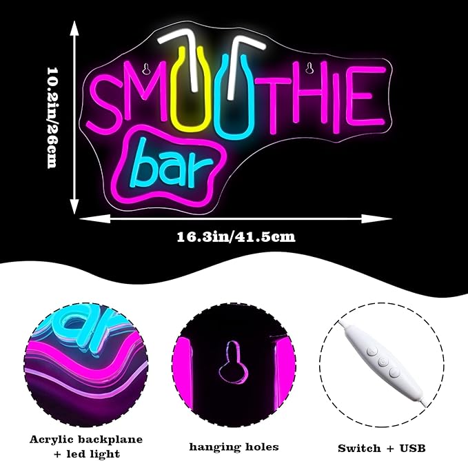 Looklight Smoothie Bar Neon Sign,Words Neon Signs for Wall Decor,Pink Letter LED Neon Light Bar Sign, Light Up Signs for Store Beverage Cool Smoothie Bar Shop