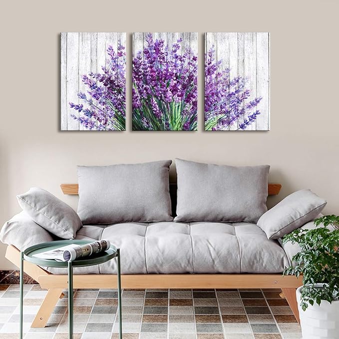 Lavender Wall Decor Purple Wall Art Rustic Farmhouse Flowers Canvas Prints Rural Floral Pictures for Bathroom Nature Botanical Paintings Artwork Dining Room Kitchen Home Decorations 16x24” 3 Pcs/Set