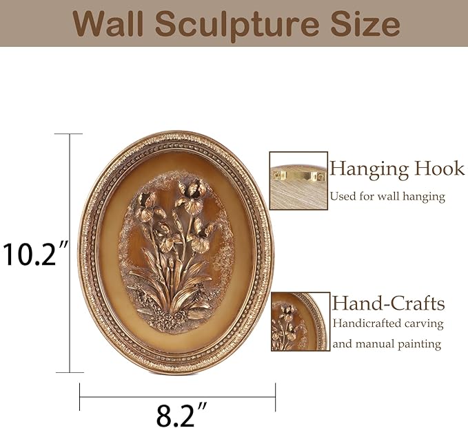 Kangce Vintage Wall Sculptures,Antique Wall Art with Hand-Carved Iris Pattern, Victorian Home Decor,for Living Room, Bedroom,Hallway Gallery,Oval,Bronze