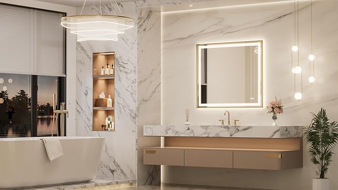 Keonjinn 42 x 36 Inch Gold LED Mirror for Bathroom, Frontlit & Backlit Bathroom Vanity Mirror with Lights, HD Tempered Glass, Beveled Framed, 3 Color Temperature, Anti-fog, Dimmable, Plug-in/Hardwired