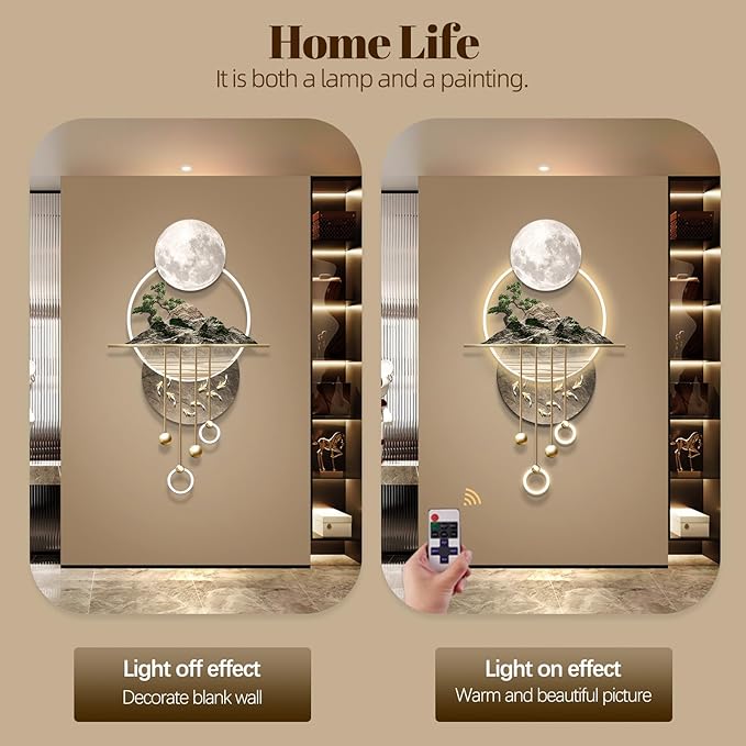 3D Art Wall Decor with Light, Decor Wall Sculptures Large 3D Art, Modern Home Decor Landscape Wall Sculpture, Plug-in Power Supply, Gold B, 23x49IN