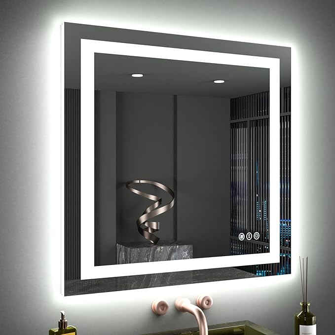 LOAAO 40"X38" LED Bathroom Mirror with Lights, Anti-Fog, Dimmable, Backlit + Front Lit, Lighted Bathroom Vanity Mirror for Wall, Memory Function, Tempered Glass, ETL Listed