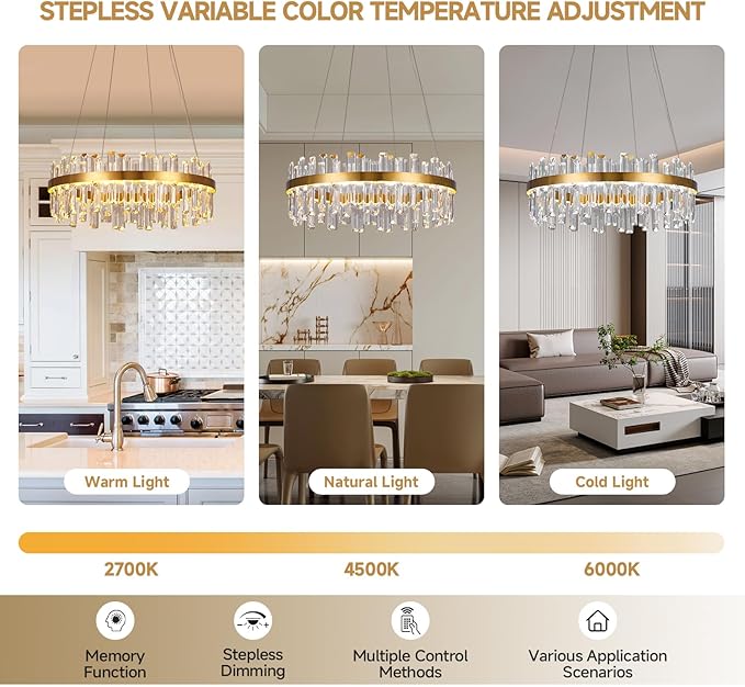 Modern Gold Crystal Led Chandelier: 23.6" Round 3 Color Dimmable K9 Luxury Crystals Chandeliers for Dining Room Lights over Table - Elegant Contemporary Living Room Bedroom Kitchen Light with Remote