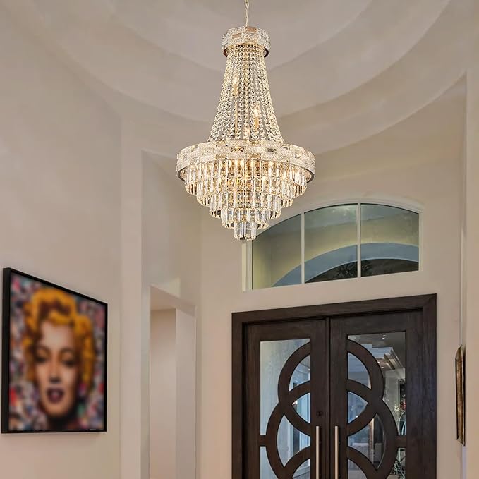 12-Light Gold Crystal Chandeliers,Empire Chandelier Light Fixture Modern High Ceiling Hanging Chandelier for Entryway,Foyer,Staircase,Hallway,Living Room(H36 x D23.2)