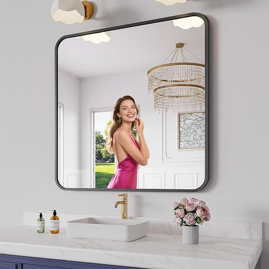Koonmi Bathroom Mirror, 36X36 Inch Black Metal Framed Mirror for Bathroom, Tempered Glass, Anti-Rust, Rounded Rectangle Mirror for Restroom, Bedroom, Black