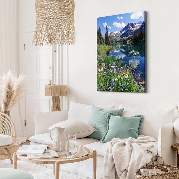Large Mountain Wall Art Living Room Decor Lake Reflection Canvas Pictures Rocky Mountain National Park Poster Nature Wildflowers Landscape Colorado Mountains Paintings Artwork Home Decoration 24x36"