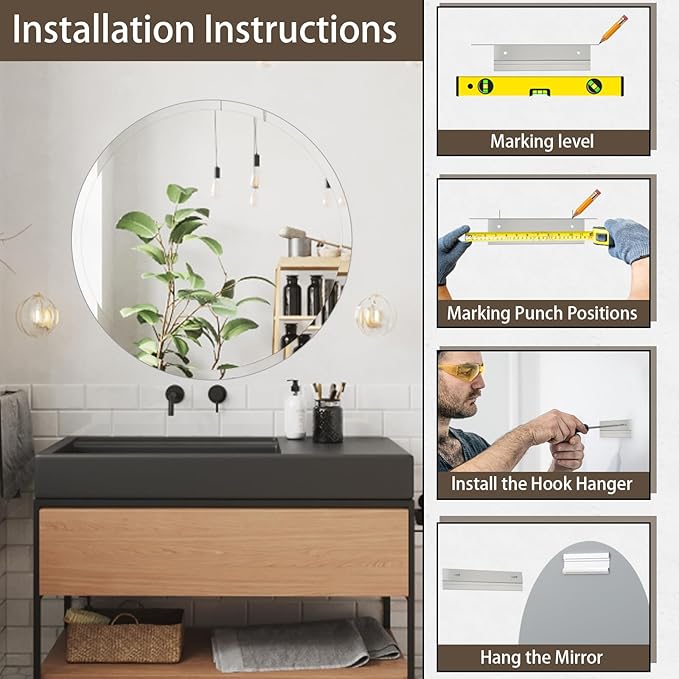 24 inch Beveled Bathroom Mirror, Frameless Round Mirror, 1" Polished Beveled Edge Circle Mirror for Bathroom, Living Room, Bedroom